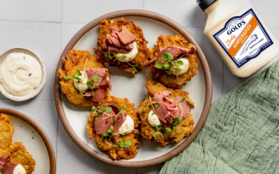 Horseradish & Pastrami Topped Latkes